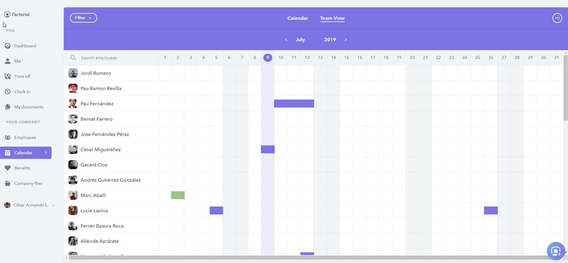 calendario factorial vista equipo