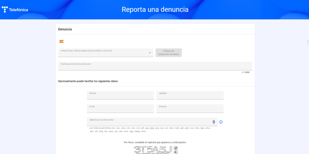 pantallazo canal denuncia ejemplo Telefonica.